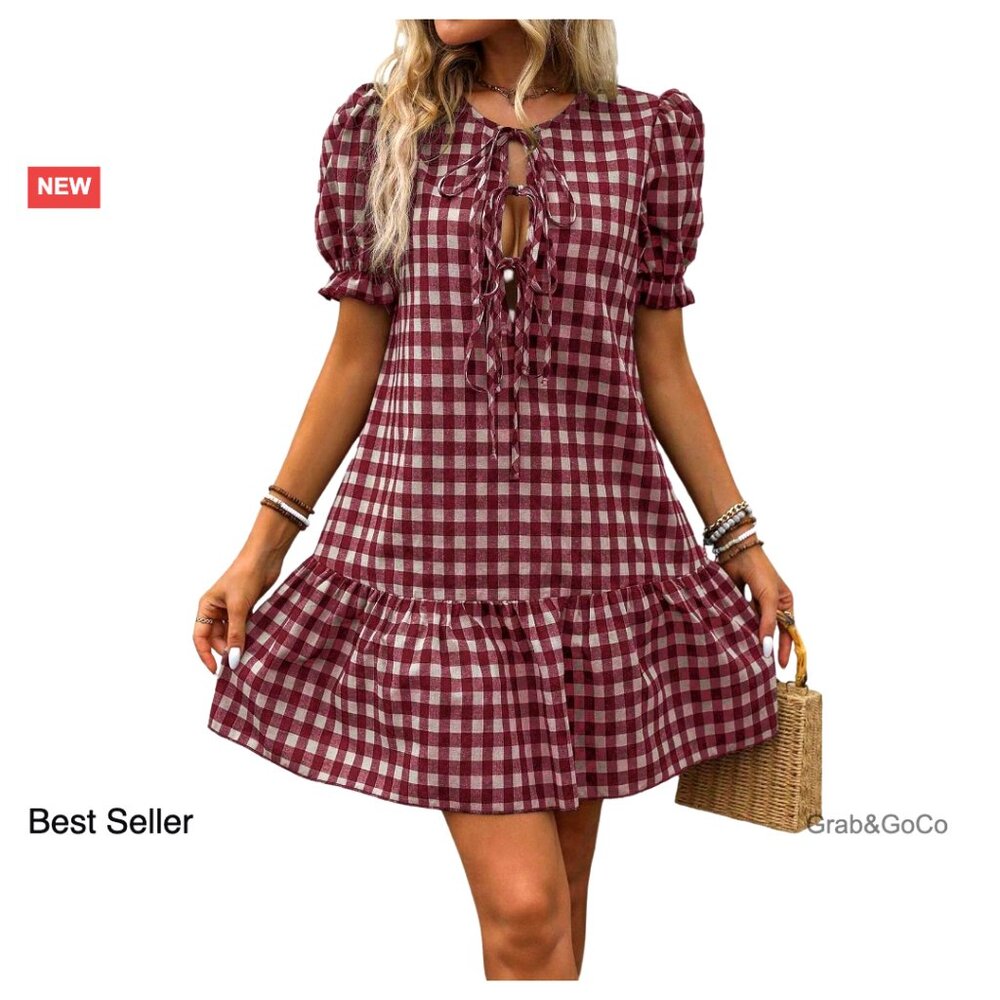Summer Puff Sleeve Gingham Ruffle Dress Tie Front Flared Short Casual